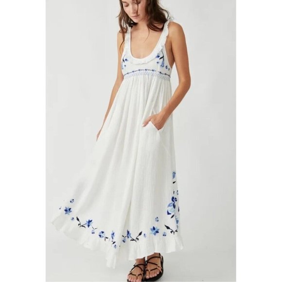 Free People Dresses & Skirts - Free People White and Blue Floral Maxi Dress